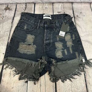 One Teaspoon Denim Shorts Bonita High Waist Long Rise Button Fly in Fox Black 25